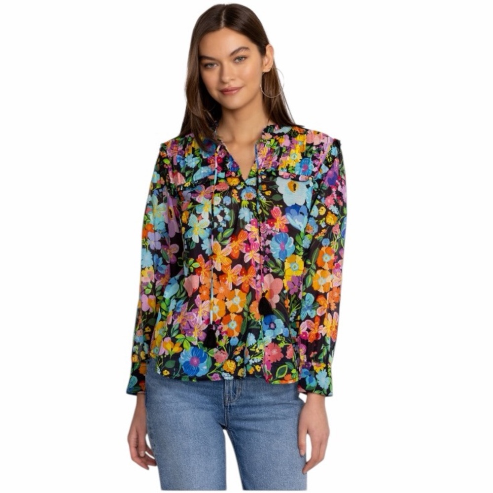 JOHNNY WAS Wild Bloom Ruffle Yoke Blouse Size XS